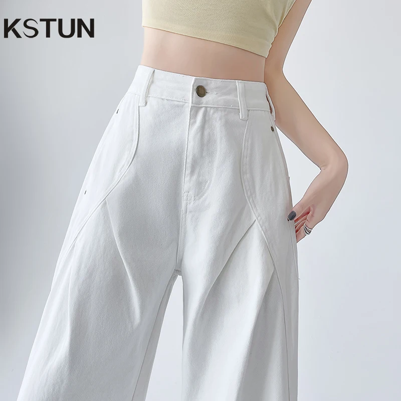 

KSTUN белые джинсы с высокой талией и широкими штанинами для женщин, модные стильные джинсовые брюки, прямые повседневные уличные брюки, плиссированные