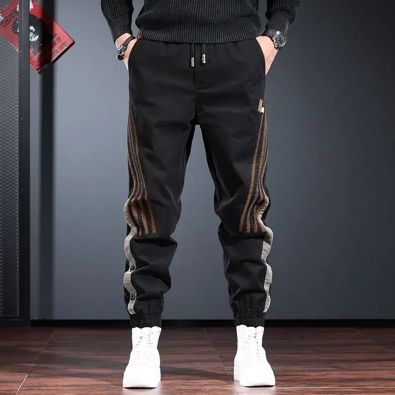 

Spring 2025 Men's Casual American Sle Work Pants Loose Fit Trousers Color Blo Stripe Design Elastic Waist Cargo Trousers