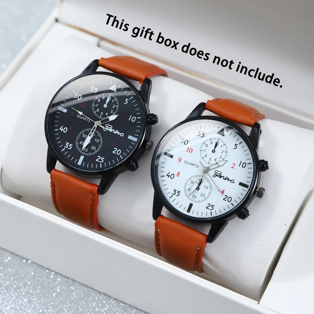 

2Pcs/set Fashion Sporty Mens Watch Analog PU Leather Male Watch Casual Men's Quartz Wrist Watch Suitable for Brothers To Share