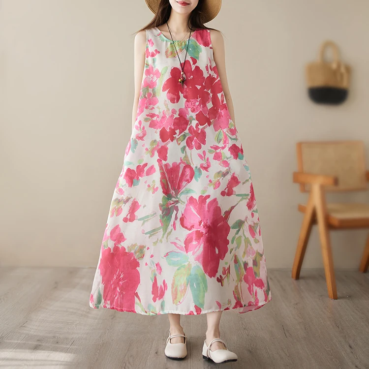 Summer Cotton Linen Sleeveless Dress Women Casual Print Beach Vest Long Dress Age Reduction Trendy A-Line Silhouette round Neck