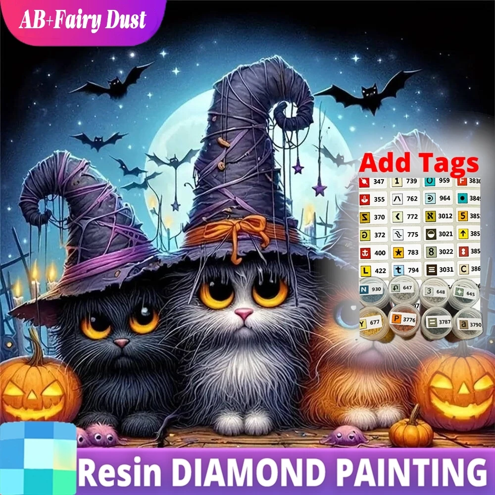 

Resin AB Fairy Dust Full Square Round Diamond Mosaic Cat Animal DIY Picture Rhinestones Painting Moon Embroidery Halloween Gift