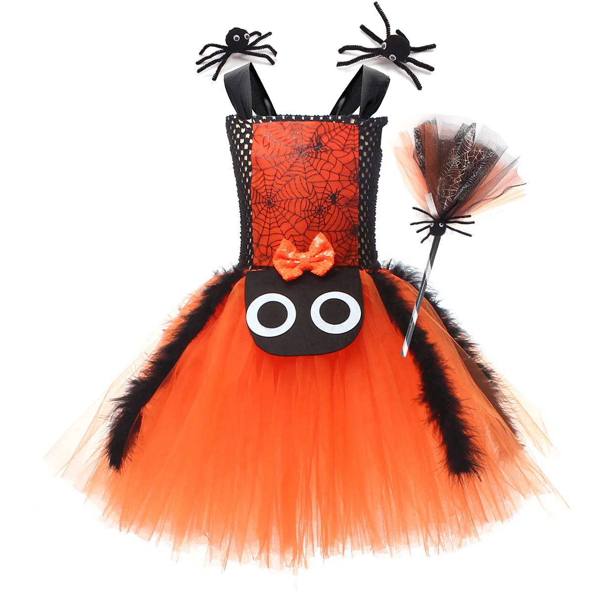 Girls Cartoon Spider Witch Web Print Fluffy Mesh Layer Tutu Dress With Hair Clip Broom Outfit Halloween Party Stage Performance