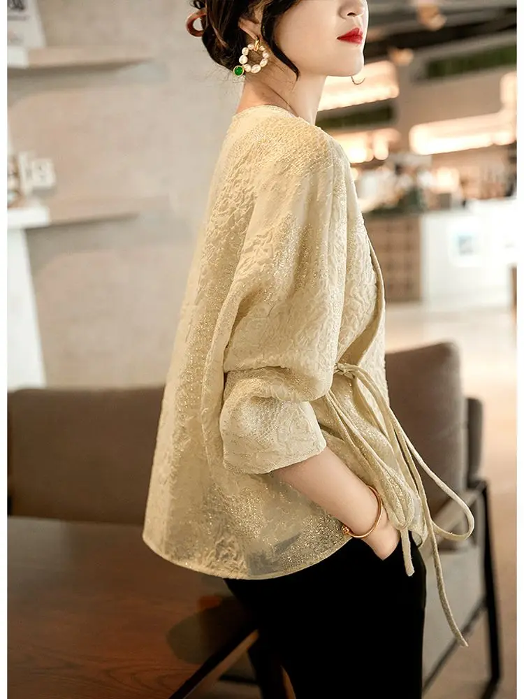 2024 chinese style improved women cheongsam blouse diagonal placket chinese top gold thread long sleeves coat autumn blouse