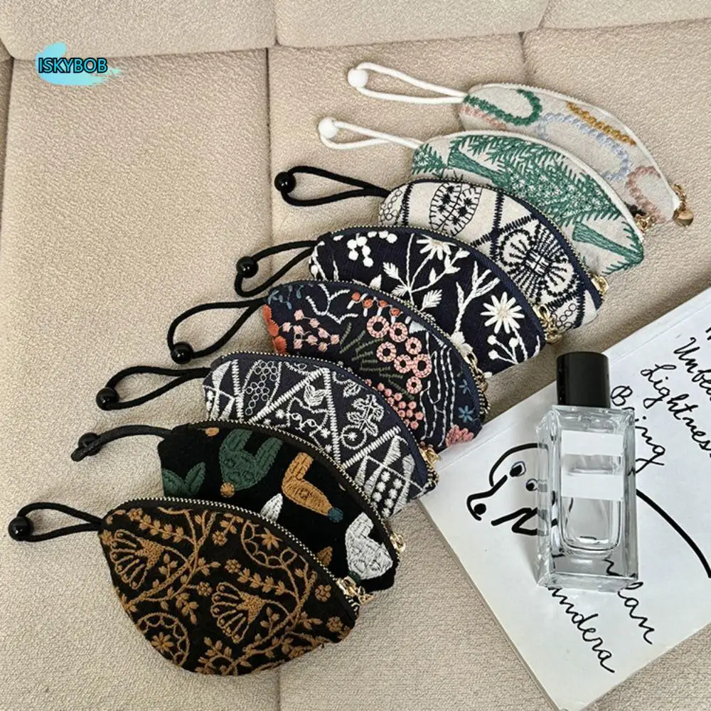 

Portable Ethnic Style Coin Purse Flower Cotton Linen Pull Type Key Bag Card Holder Zipper Pouch Cute Zero Wallet Women