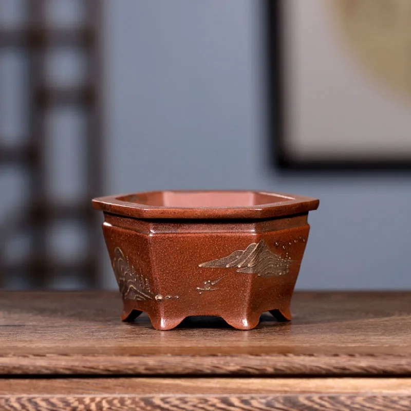 Ceramic Hexagon Flower Carved Bonsai Pot, Traditional Chinese Handmade Painting, Garden Decoration