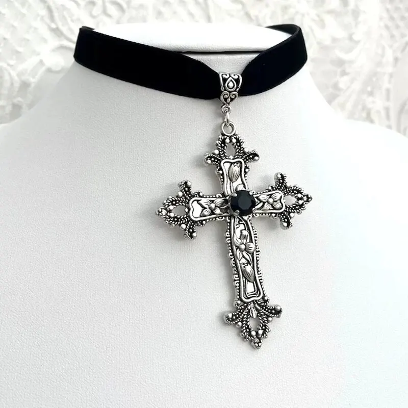 A Classic Gothic Large Cross Shaped Black Velvet Necklace Prepared for Her, Gorgeous Cross Shaped Black Velvet Necklace