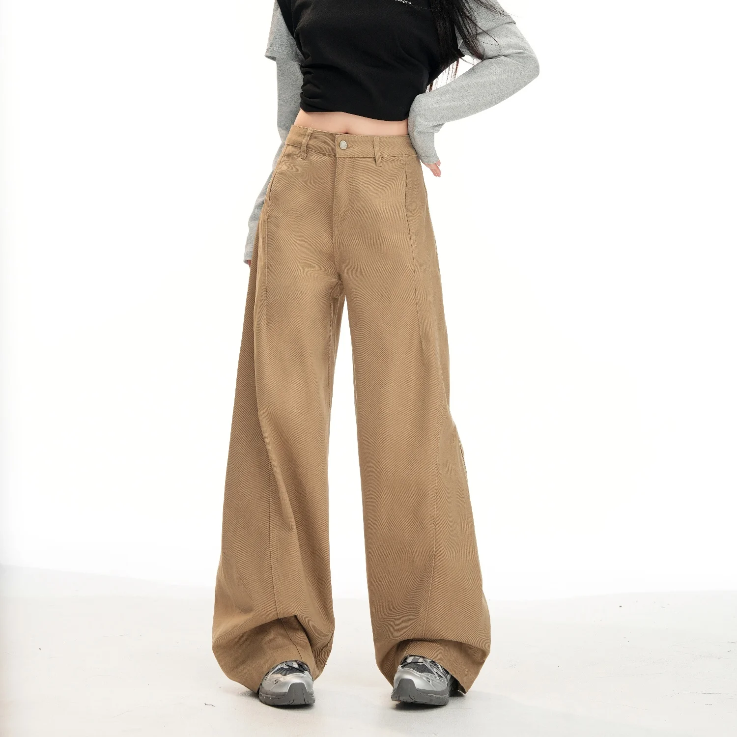 Khaki Women's Straight Leg Wide Leg Denim Pants Washed Vintage Casual Minimalist Straight-Leg Pants Autumn Loose Retro Trousers