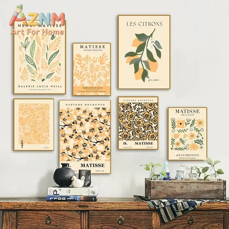AZNM Matisse Abstract Lemon Floral Canvas Wall Art Vintage Cutouts Botanical Poster, Unframed Canvas Print for Kitchen Living Ro