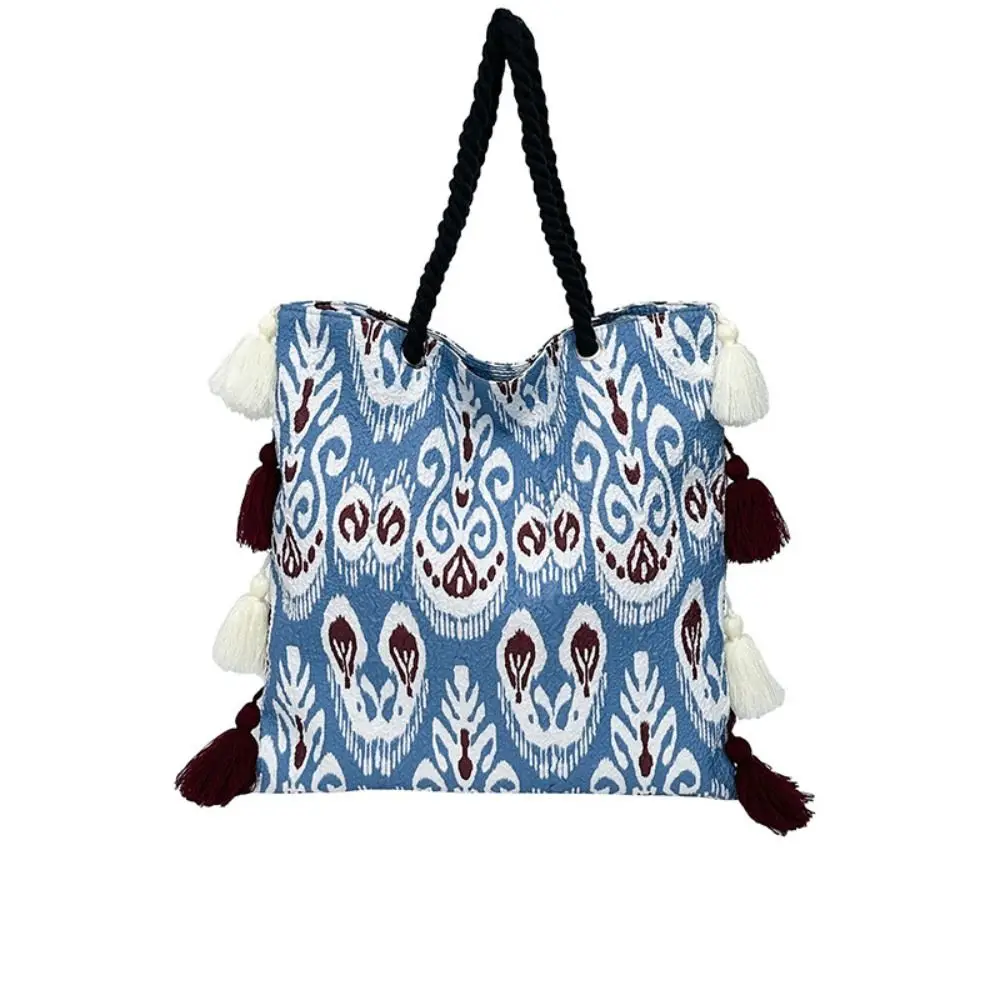 Большая вместительная сумка-тоут с кисточками, тканевая бахрома, сумка на плечо в этническом стиле, богемная сумка на шнурке с геометрическим узором для девочек
