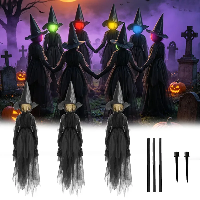 Creepy Halloween Glowing Witch with Sound-Activated Multicolor Lights, Ghost Outdoor Ornament for Patio Lawn Garden Party Decor