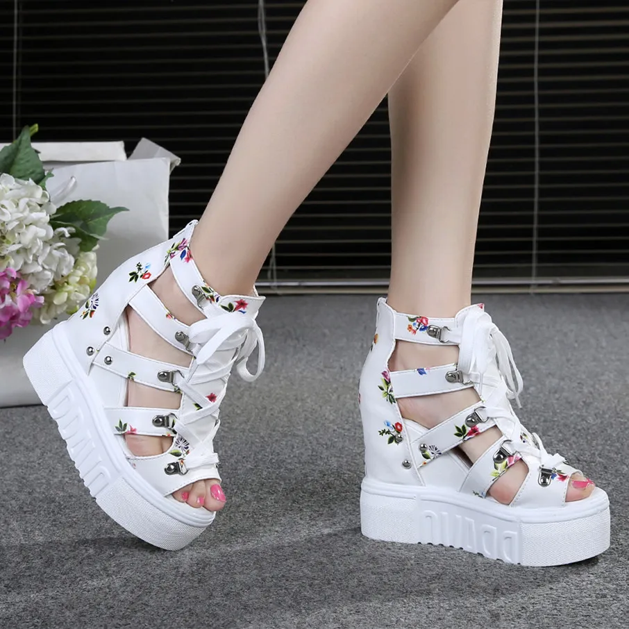

Women's Fish Mouth Openwork Roman Sandals Breathable Mesh Platform Wedge Heel with Hidden Height Increase