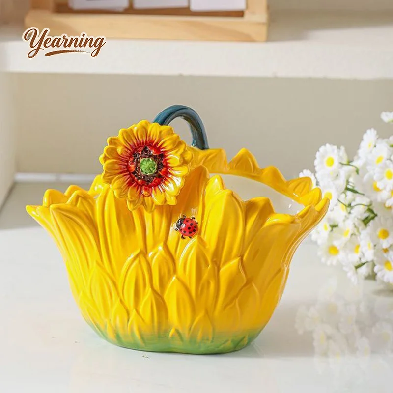 

High Value Sunflower Carry Basket Home Living Room Decor High End Ceramic Portable Chopsticks Holder Cutlery Caddy