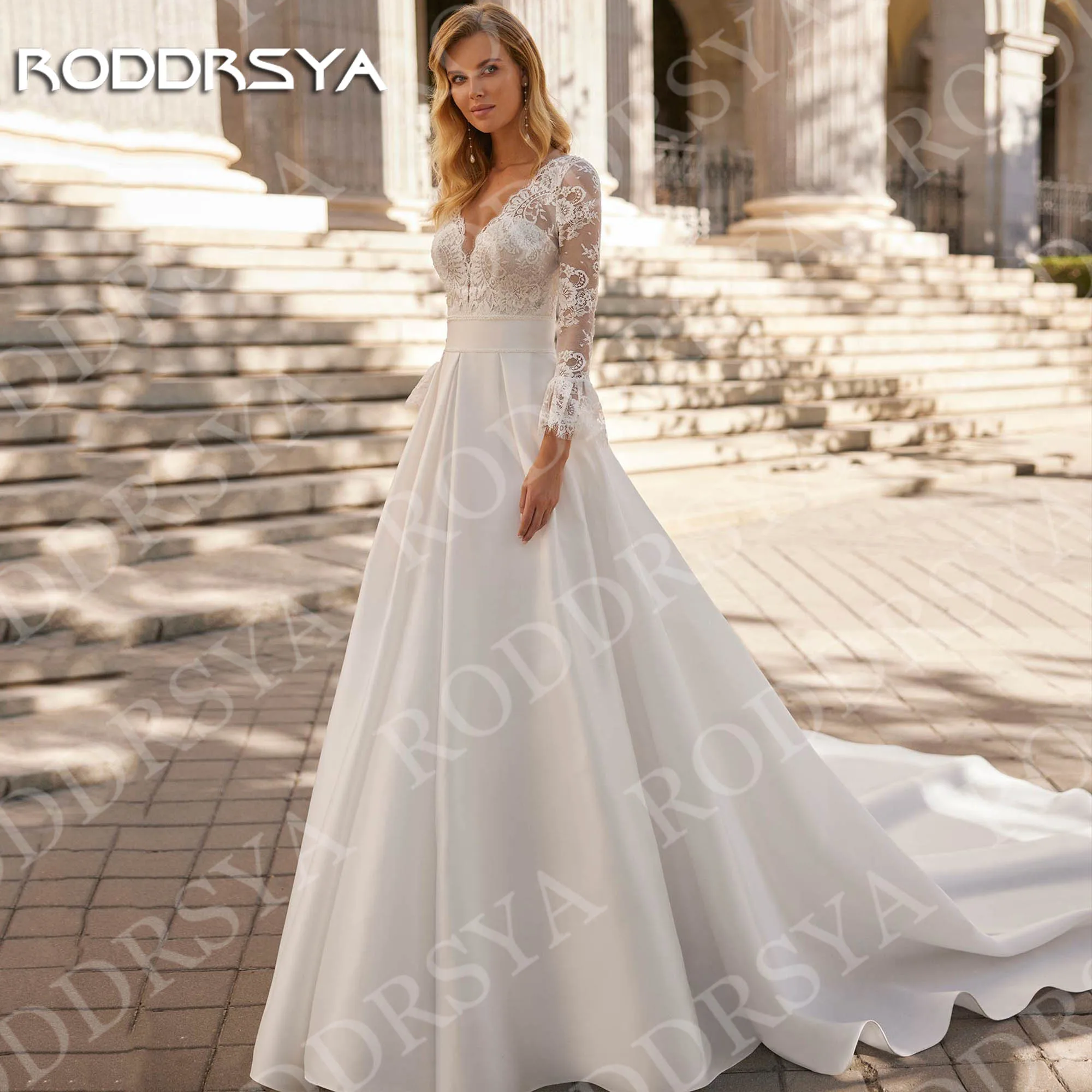 

RODDRSYA Lace Long Sleeve Wedding Dresses for Bride vestidos de novia Elegant Open Back Satin V Neck Bridal Dress Customized