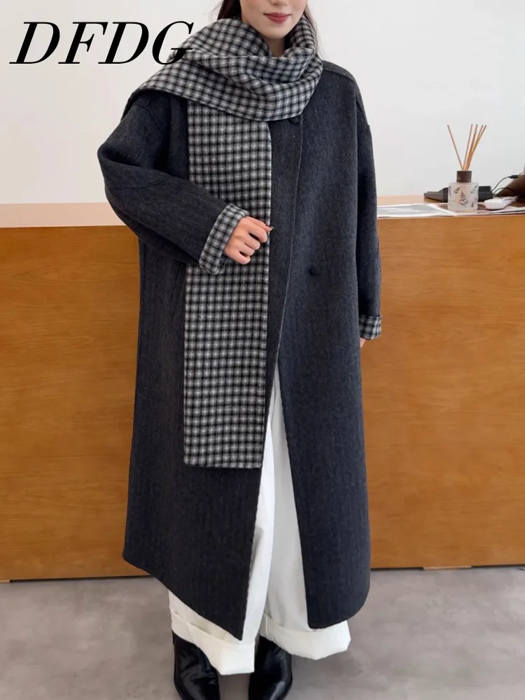 DFDG dubbelzijdige wollen jas voor dames 2025, omkeerbare lange geul met afneembare sjaal, vintage slanke herfst-winterontwerperjas