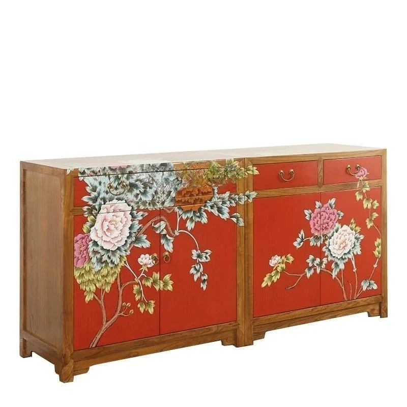 

painted dining side cabinet solid wood classical shoe cabinet retro hand-painted peony entrance living room