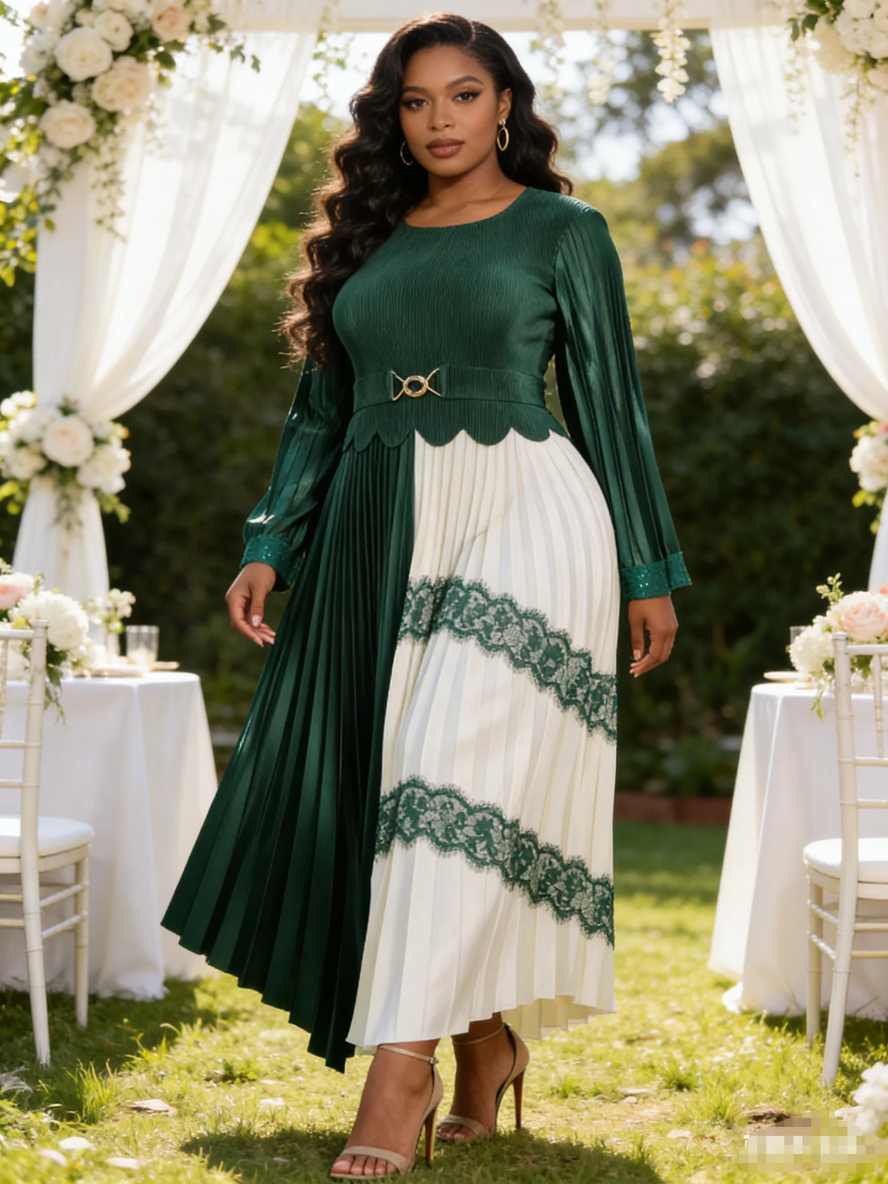 

Miyaki Dress Plus-Size Dress with Patchwork Casual Everyday Long Dress Long-Sleeve Pleated Round Neck Miyake Commuter Date Elegant Socialite Hot Sale