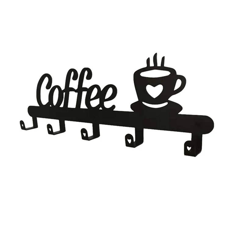 Suporte de caneca de café montado na parede (5 ganchos), sinal de decoração de cozinha ou bar de café, para exibição e organizador de cabides de caneca de café