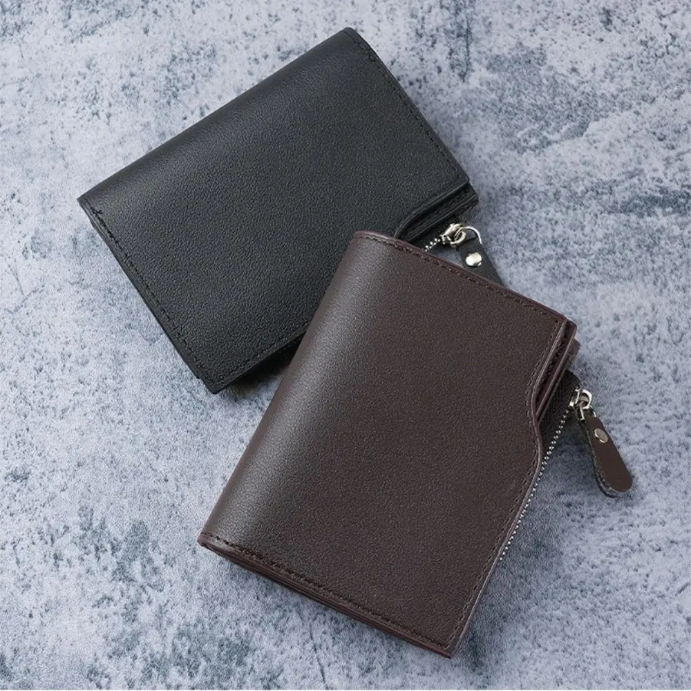 Carteira curta de couro PU da moda com zíper Bolsa de telefone fina porta-cartões de cor sólida masculina