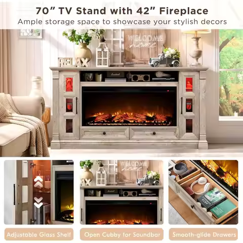 Fireplace TV Stand for up-to-80 TV, Farmhouse 36" Tall Entertainment Center with 42" Electric Fireplace, Media Console with Gla