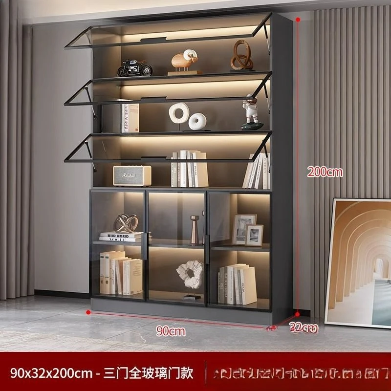 خزانة كتب ذات باب مقلوب مع ضوء عرض باب زجاجي لغرفة المعيشة المنزلية الفاخرة مدمجة بجدار كامل إلى رف الكتب العلوي Foshan