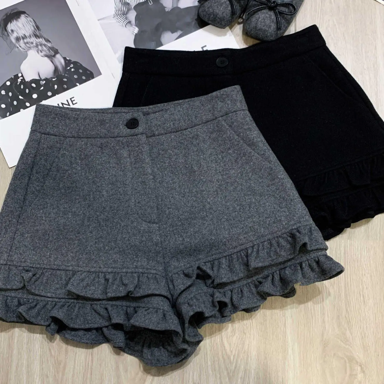 Korean Style High Waist Short Pants Sweet Casual Polyester Fiber Embellished Flounce Woolen Material Straight Leg Pants