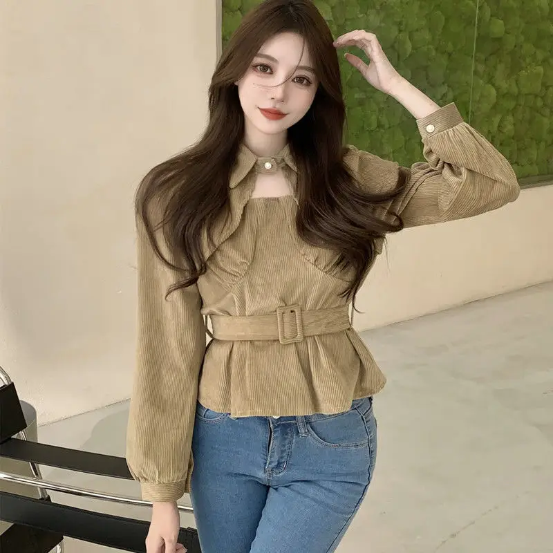 Blouses Women Elegantes Solid Fashion Blusas Tops with Belt Ladies Streetwear Korean Style Casual Charming Vintage Long Sleeve