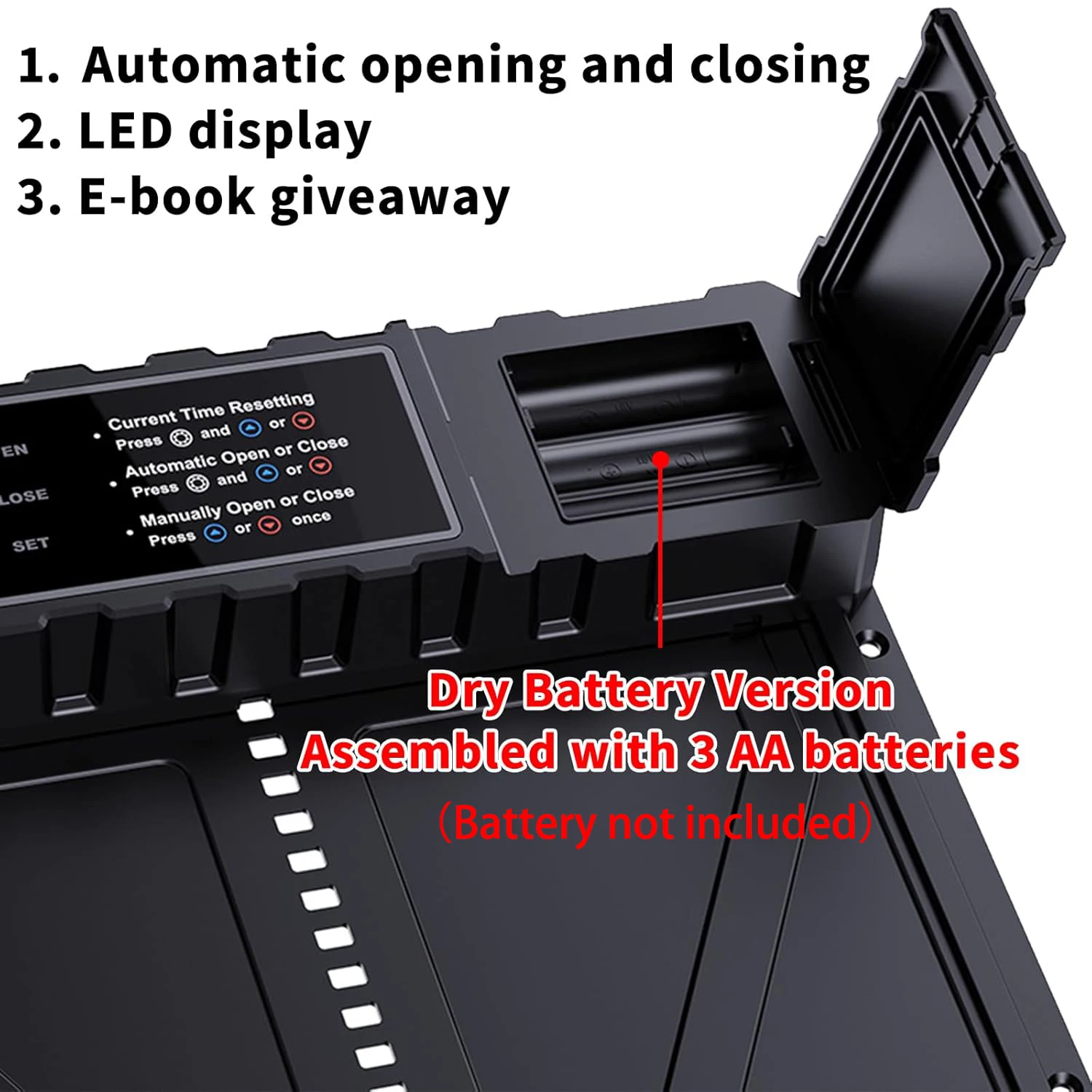 Automatic chicken coop door, large-sized LCD screen with timer, powered by 3 * AA batteries (battery not included)