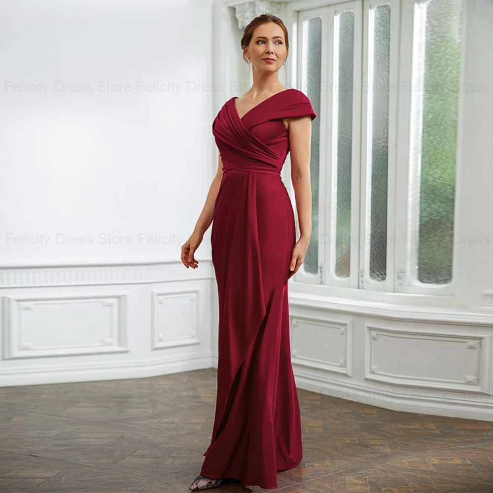 Simple Mother of the Bride Dresses 2024 Sheath V-neck Formal Wedding Guest Dresses Floor-Length Pleated Long Prom Evening Gowns