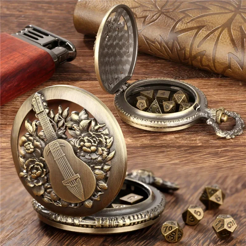 Retro 7 X Metal Polyhedral Dice Role Play Gaming Dices with Guitar Flower Design Pocket Watch Case FOB Chain Gift view 3
