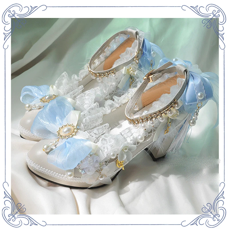 Lolita – chaussures à talons hauts pour femmes, avec joli nœud fantaisie, en dentelle, faites à la main, accessoires de fête, robe d'été de princesse, de haute qualité