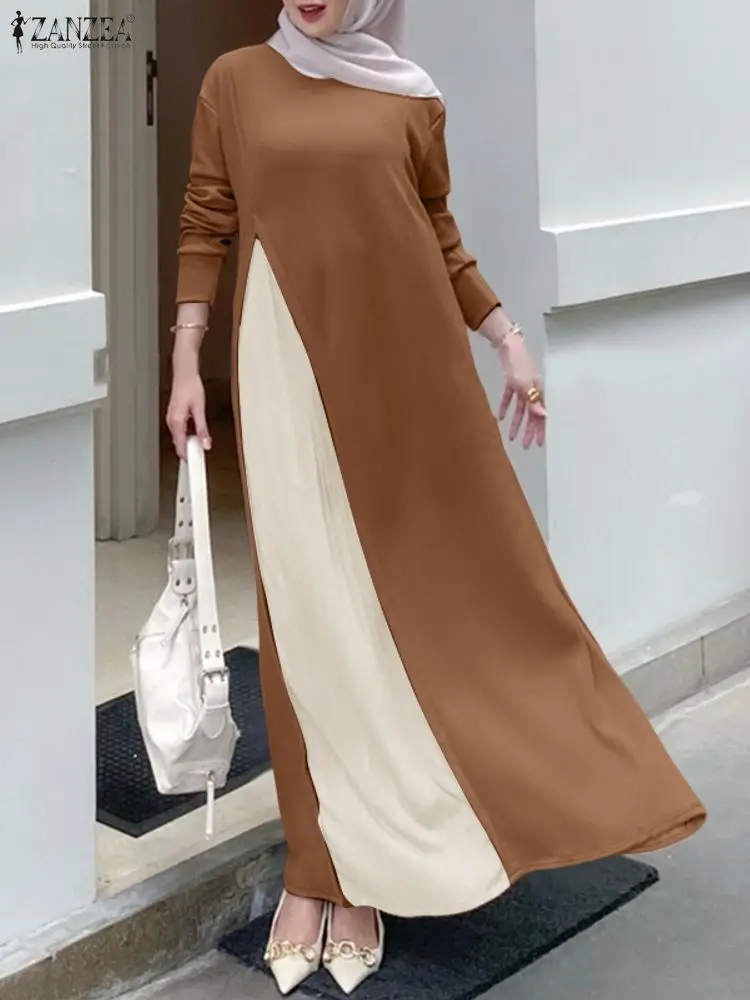 2025ZANZEA Herbst Elegante Langarm Gestrickte Kleid Maxi Robe Frauen Patchwork Kleider Muslimischen Abaya Robe Femme Plissee Sommerkleid