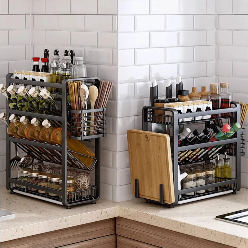 

Kitchen Spice Rack Organizer Countertop 3-layer Stainless Steel Storage Shelf Herb Jars Sauce Salt Seasoning Wall Mounted Holder