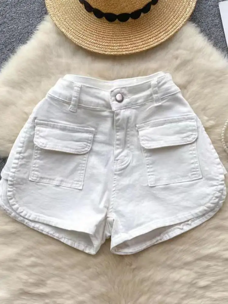 

Korean Fashion 2025 Spring Summer Black High Waist Versatile Denim Shorts Women White Sexy Pocket Wide Leg Short Pant Streetwear