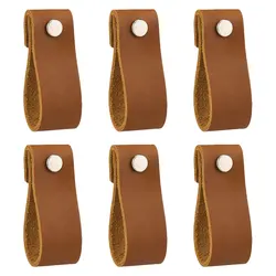 Leather Drawer Pulls - 6PCS Leather Dresser Knobs,Handmade Pure Leather Handles for Cabinet,Doors and Drawers (Brown)
