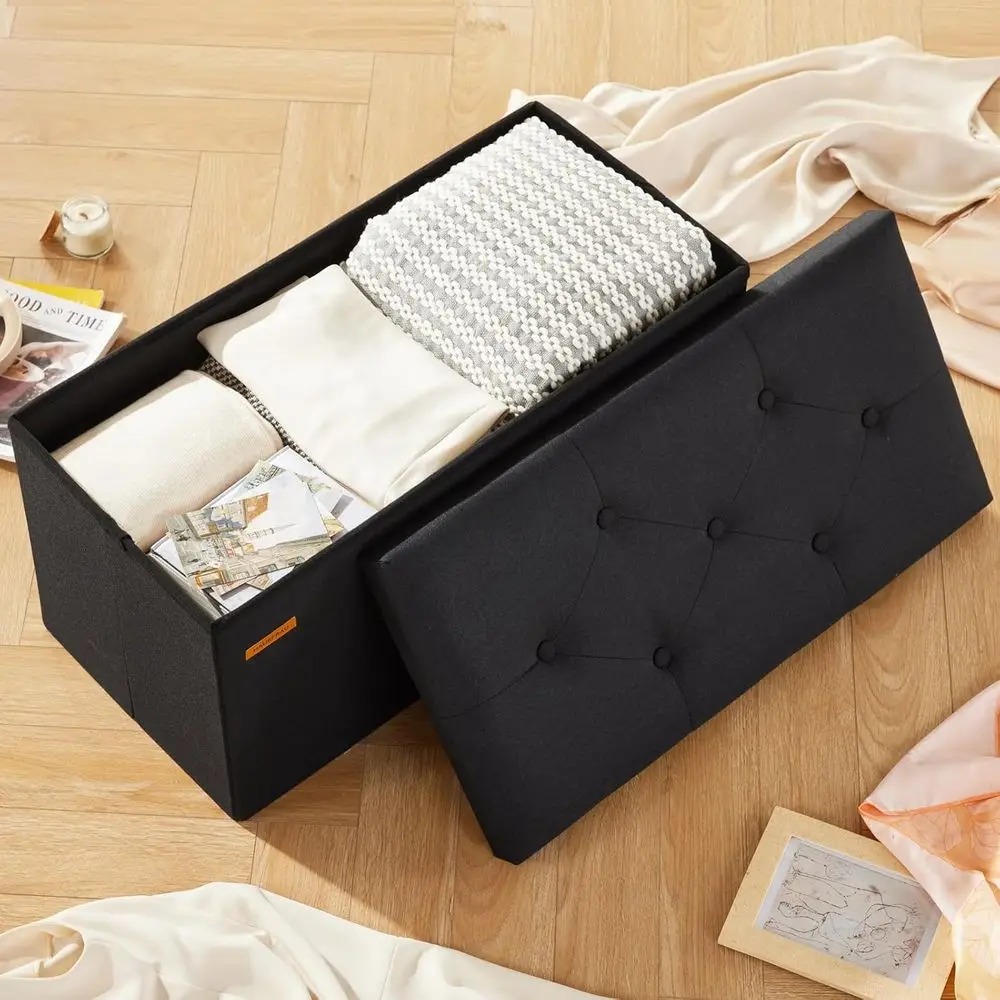 

30 Inches Button Tufting Upholstered Ottoman Stool with Storage for Living Room, Bedroom, or Entryway, 660 lb Load Capacity, Lin