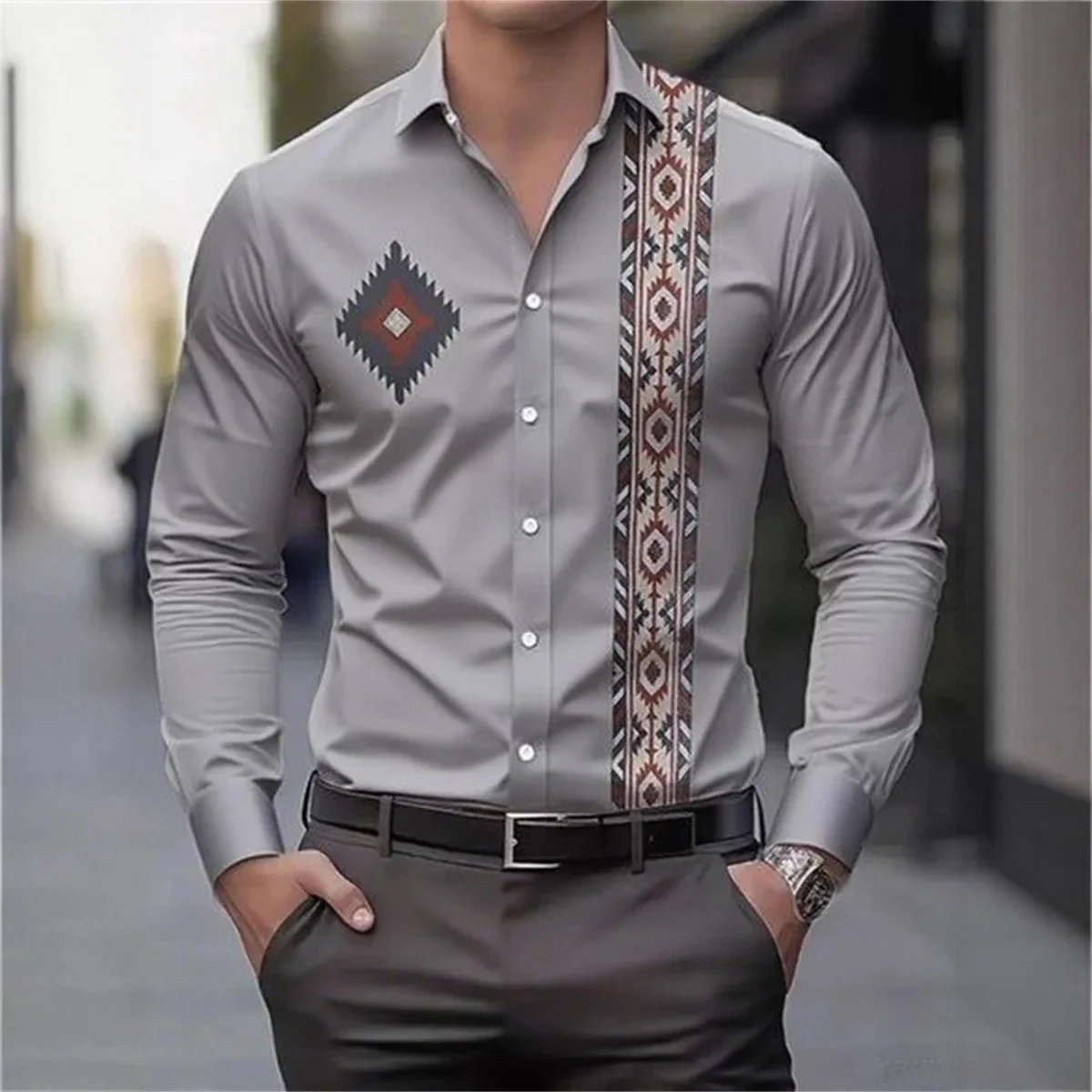 

Новые мужские длинные Sve irt, повседневный воротник на пуговицах с принтом, воротник для отдыха в этническом стиле, искусственная кожа, подставка из полиэфирного волокна, Ci...