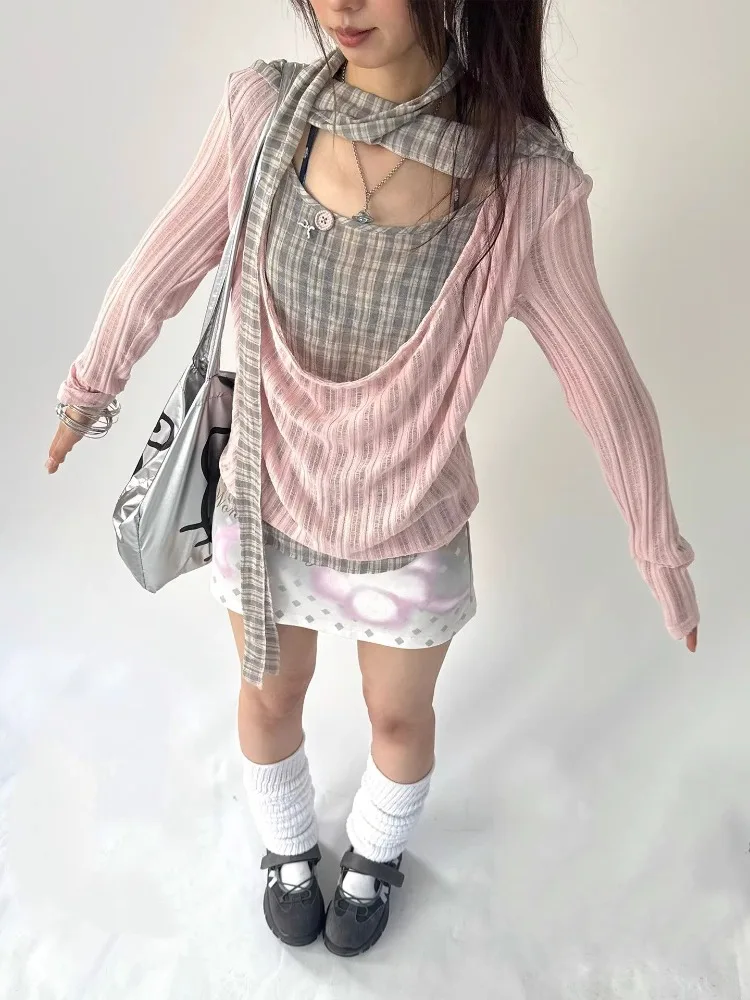 Kimutomo T Shirts Women Plaid Patchwork Hole Swinging Collar Summer Fashion Long Sleeve Tops Ladies Casual Tee Shirt Grunge