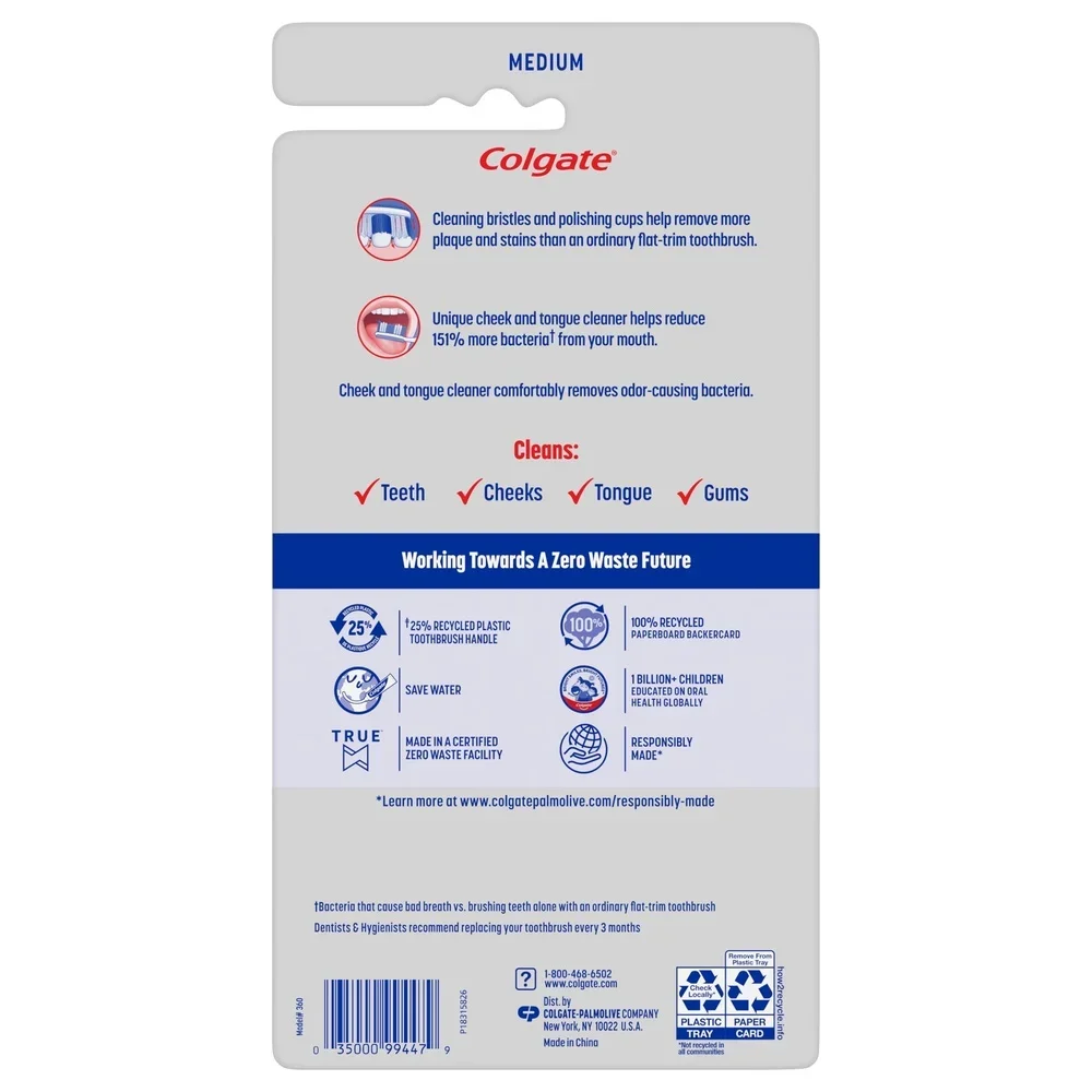 360 Whole Mouth Clean Manual Toothbrush Pack of 5 Medium Cleaning Bristles Cheek Tongue Cleaner Plaque Stains Odor Reduction