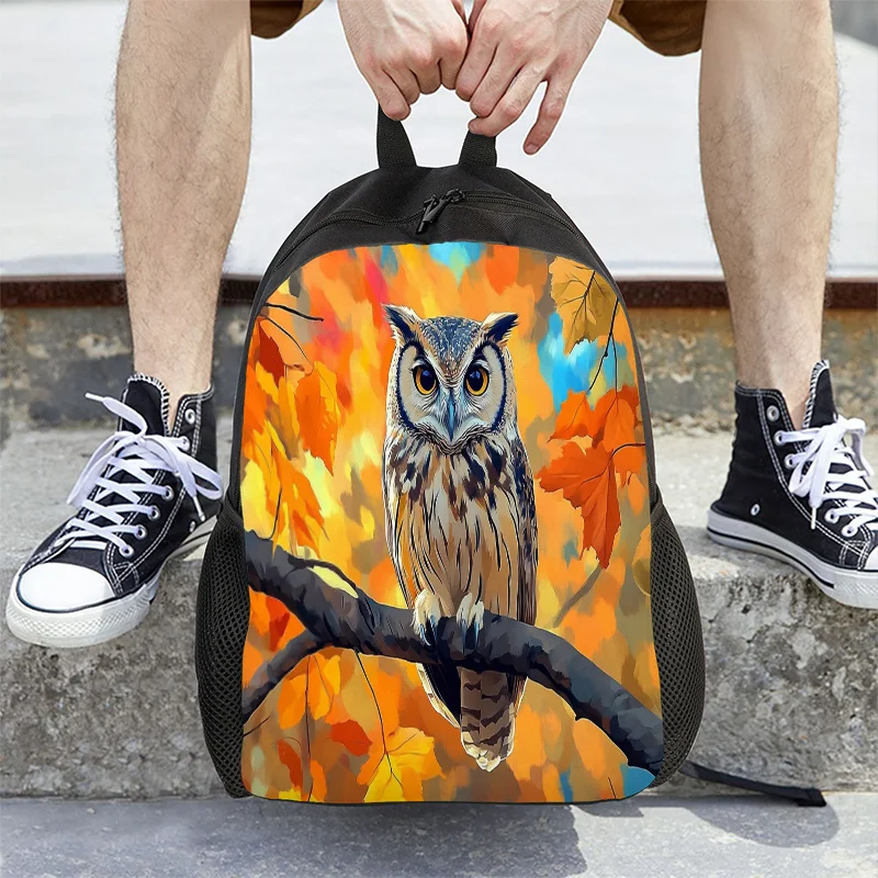 

Рюкзак с 2D-принтом, унисекс, большой вместимости, с рисунком совы и осенних листьев. Прочная повседневная сумка с регулируемыми ремнями.
