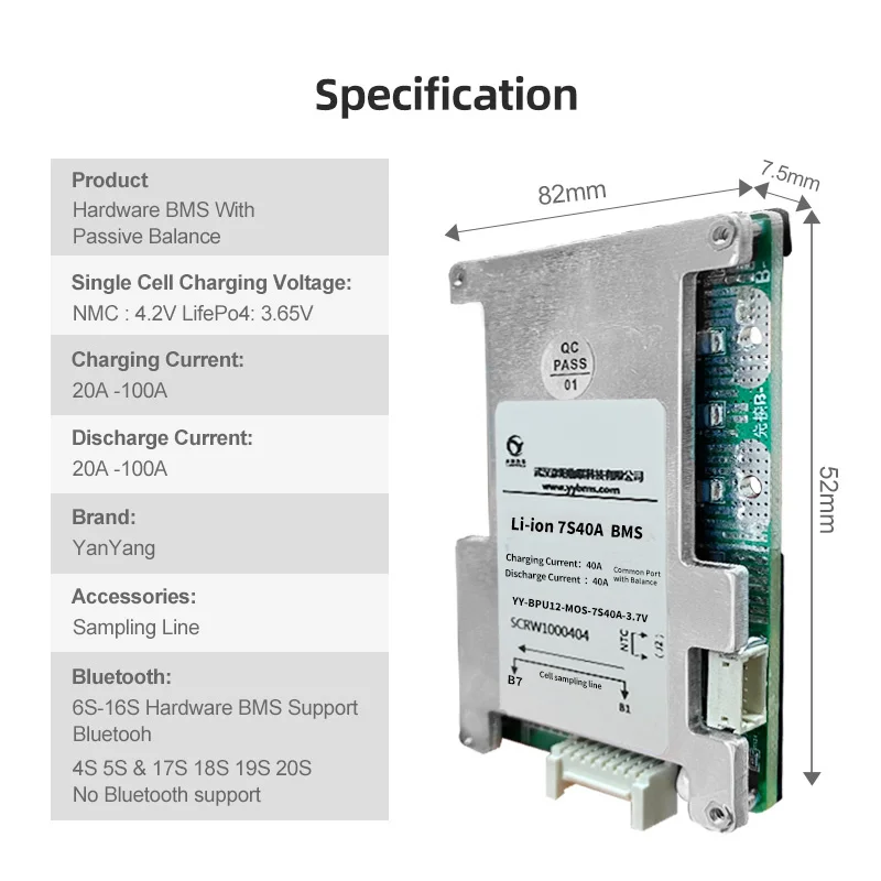 Yanyang BMS Factory 24V For Li-ion Lithium ion Solar Battery Pack Management System 18650 NCM 7S 24V 40A Motorcycle BMS Board