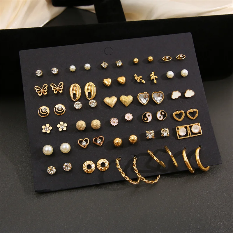 40Pcs/Set Gold Color Earring Set Vintage Butterfly Heart Pearl Crystal Stud Earrings for Women Korean  2024 Brincos Jewelry Gift