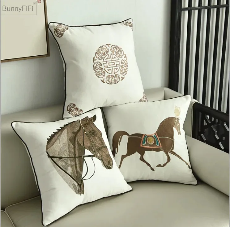 China Art Horse Embroidery Cushion Cover Home Decoration Cotton Canvas Geometric Pillow Cover 45x45cm Sofa PillowCase