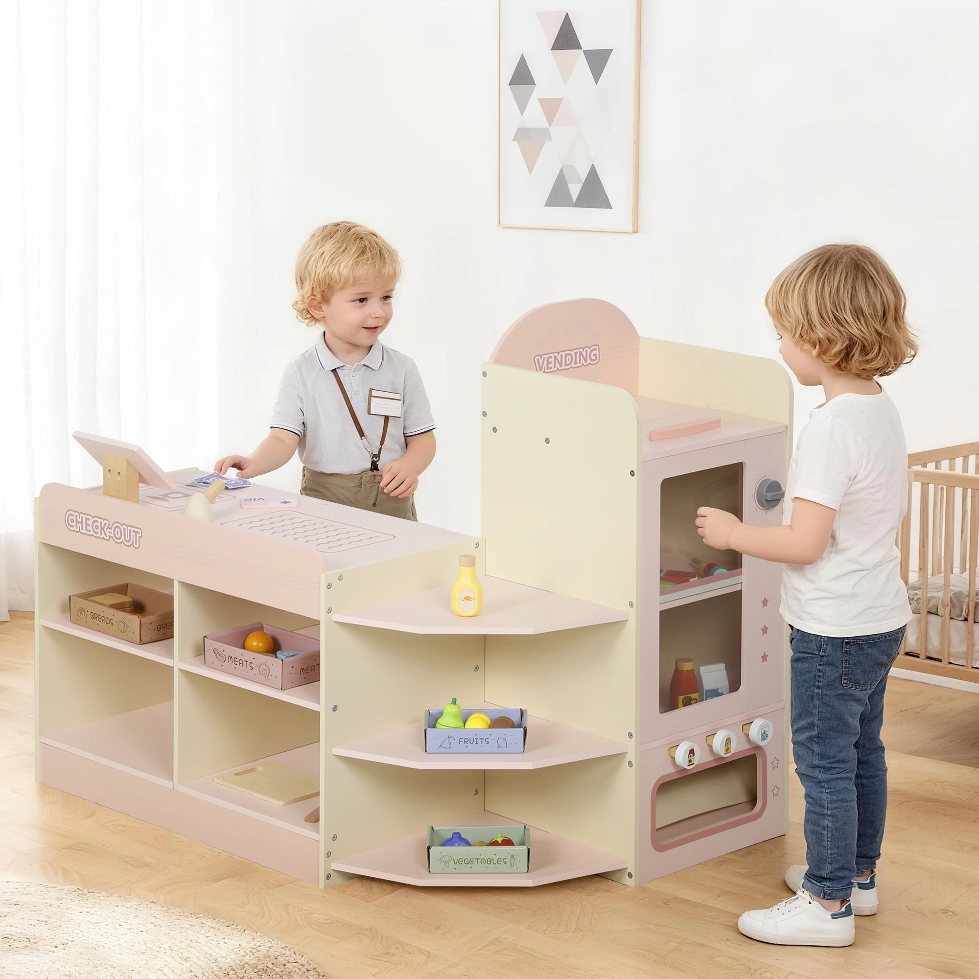 Aiyaplay Supermercato giocattolo in legno, generi alimentari con registratore di cassa, distributore automatico, 3 ripiani aperti, 4 scomparti e scatole etichettate, per bambini +3 anni, rosa