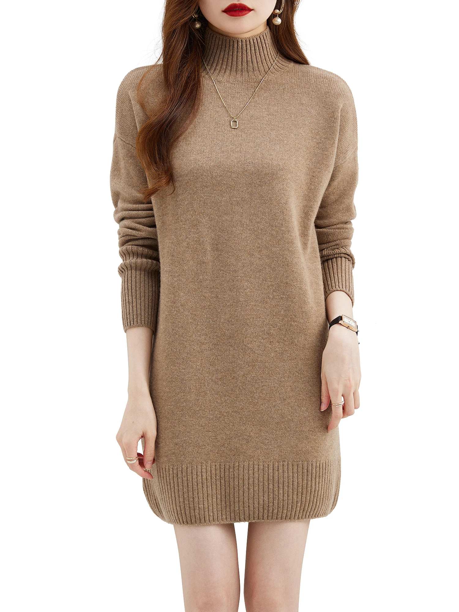 Turtleneck Sweater Women\'s Pullovers 100% Merino Wool Long Sweater Dress Fall Winter Warm Long Sleeve Knit Jumper Female Dresses