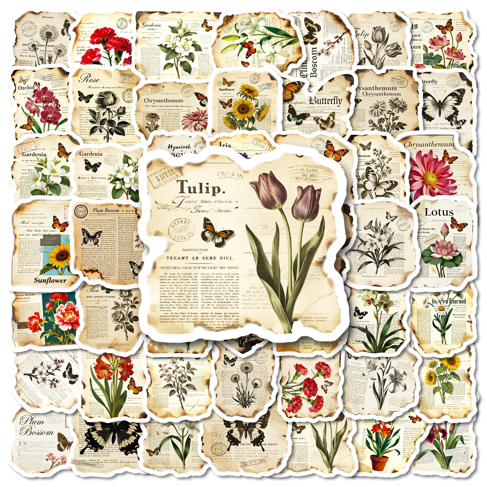 

56PCS Cartoon Retro Newspaper Style Butterfly Flower Graffiti Stickers Creative Decorative Mobile Phone Case Notebook Water Cup