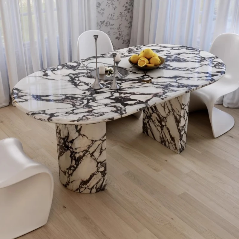 French natural Calacatta Viola marble bipedal oval dining table design ornament model room home restaurant decoration