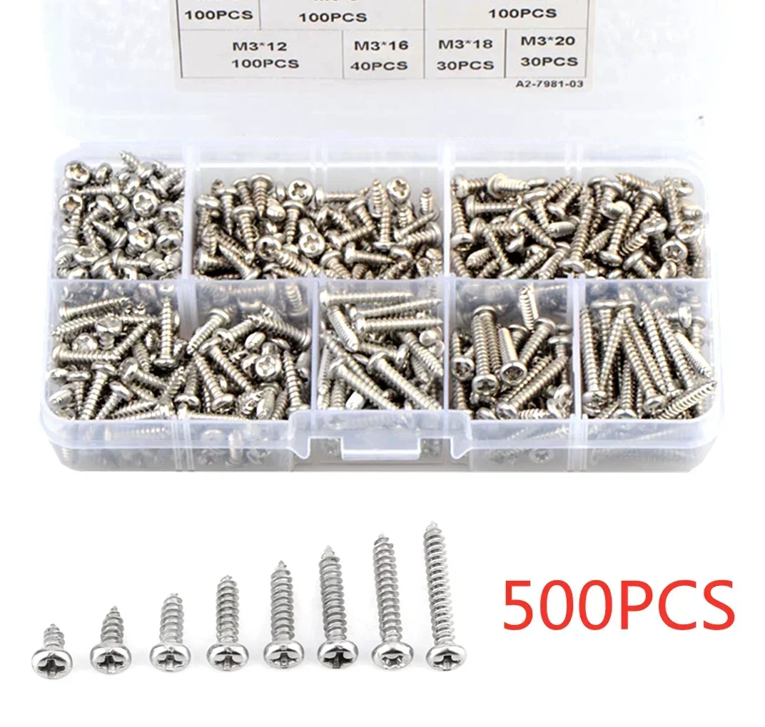 500pcs M3 stainless steel 304 Cross Pan Head Self Tapping Screw Combination Set Phillips Round Head Screw Kit