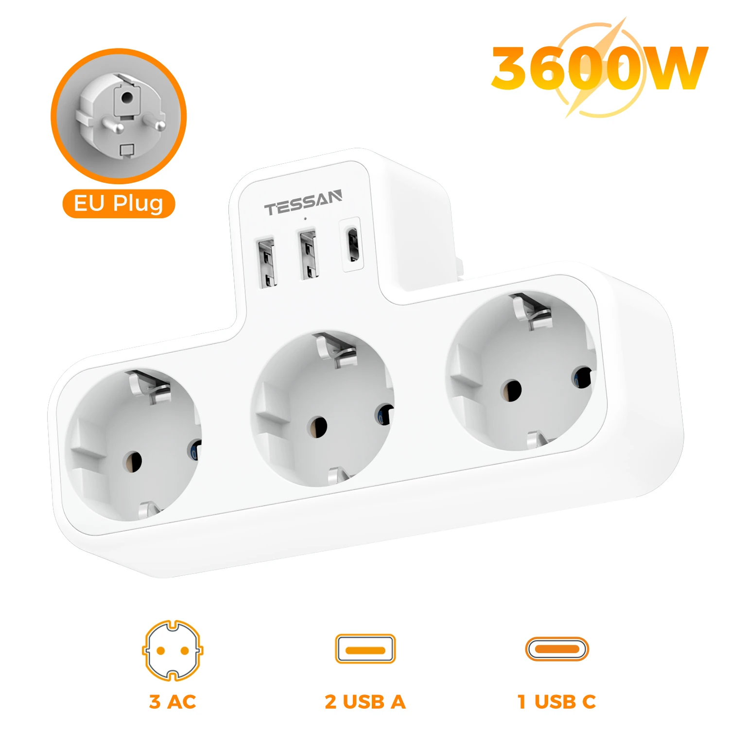 TESSAN Mehrfachsteckdose nach EU-Standard, USB-Wandsteckdose, 6-in-1-Verlängerungssteckdose mit 3 AC-Steckdosen, Adapter, Wandladegerät für Zuhause und Büro
