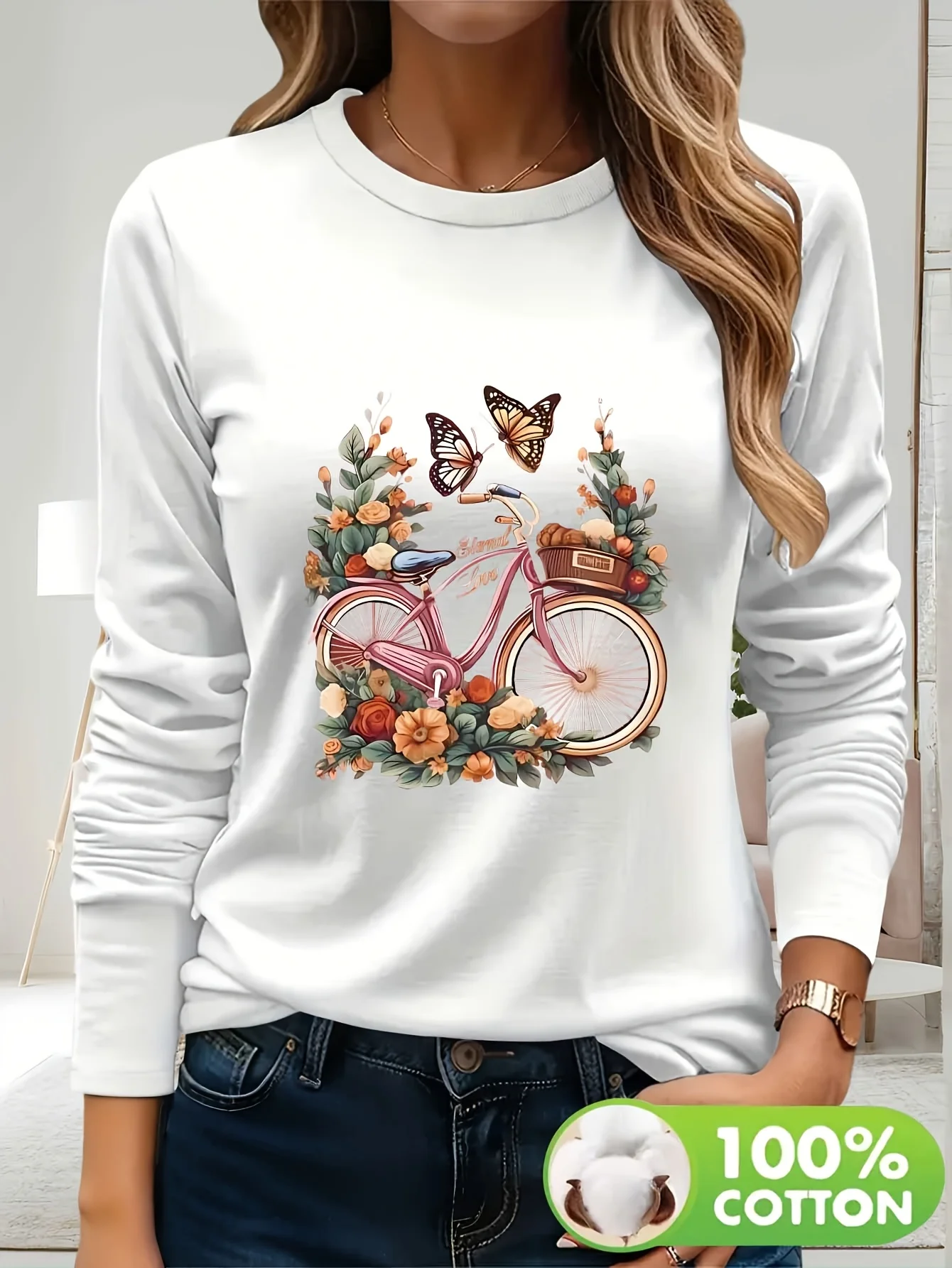 Women's Casual Long Sleeve T-Shirt Black Bicycle & Butterfly Floral Print 100% Cotton Round Neck Top for Spring/Summer