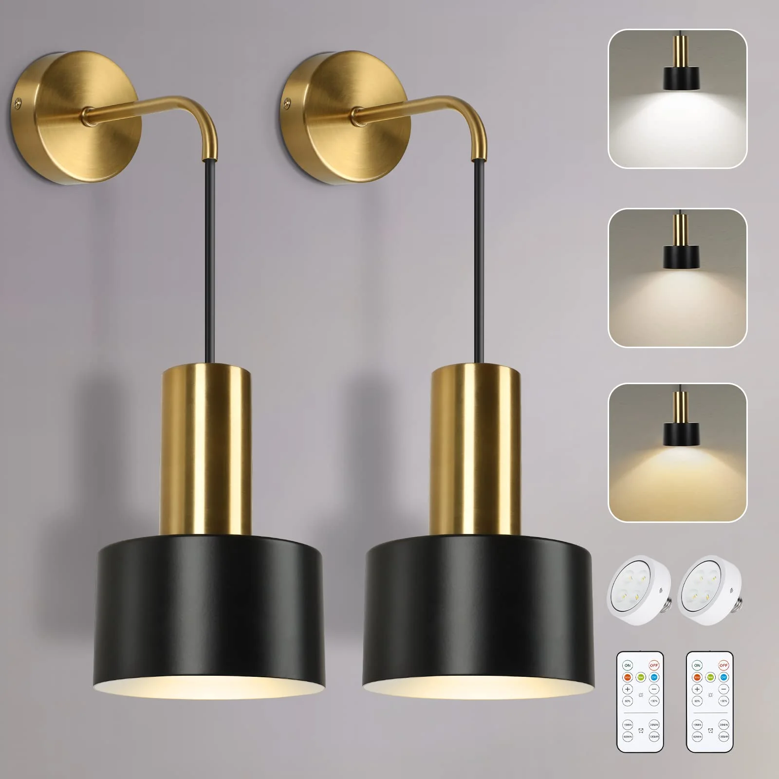 

Set of 2 Battery Operated Wall Sconces, Black & Gold Dimmable Modern LED Wall Lamps with Remote for Bedroom Living Room Hallway